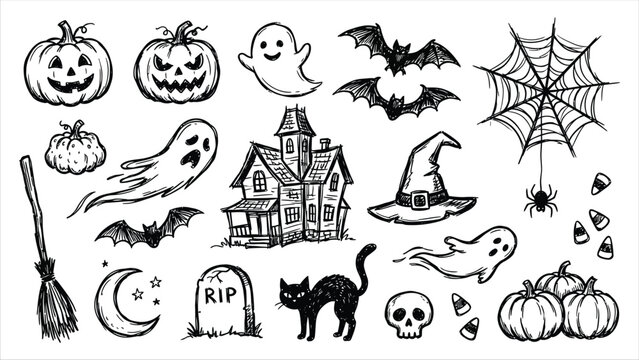 Set of hand drawn halloween themed icons featuring pumpkins ghosts bats and a haunted house illustration