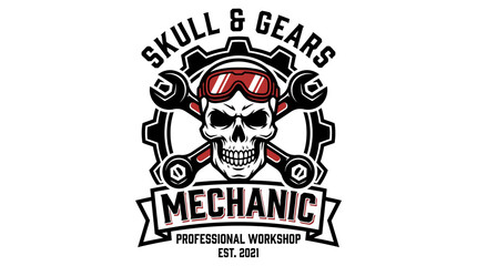 Fototapeta premium Skull and Gears Mechanic Workshop Logo Illustration on White Background