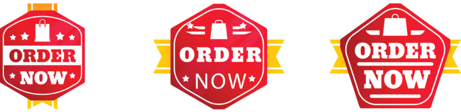 Vibrant order now retro badges with shopping icons