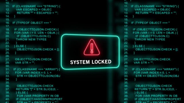 System locked warning alert displayed over scrolling digital programming code background, cyber security breach concept with glowing neon red warning and software development source code interface