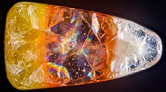 Glowing translucent candy corn showing internal crystalline texture and light refraction.
