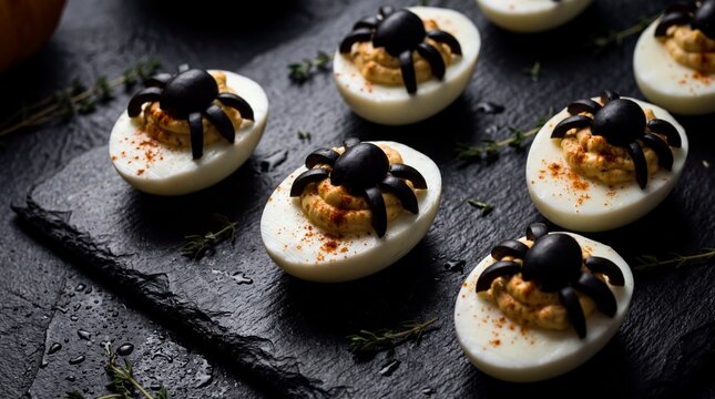 Elegant Halloween appetizer of deviled eggs decorated with black olive spiders on a slate board.