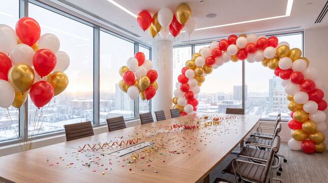 Empty conference room decorated with New Year balloons and confetti, a minimalist festive office background for corporate greeting and seasonal banner.