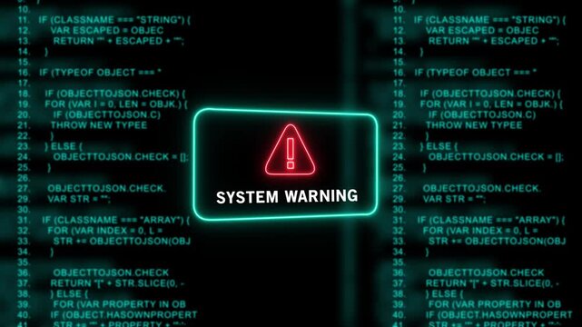 System warning alert with glowing neon red triangle and scrolling blue computer programming code background, for cybersecurity, software, development, data breach, and digital technology concepts