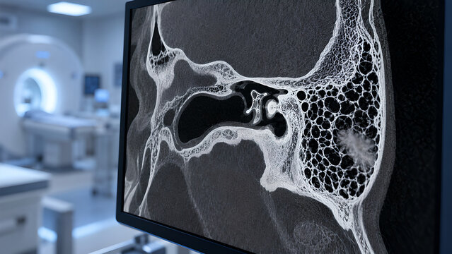 Early-stage mastoiditis radiology concept showing mastoid bone inflammation and partial opacification of temporal bone air cells, photorealistic imaging for healthcare, medical and patient education