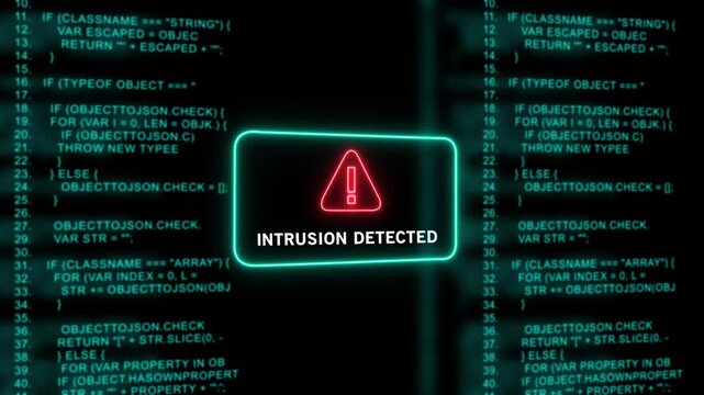 Cyber security alert intrusion detected warning sign over digital programming code background, for network protection, data breach prevention, software development, and, information technology 