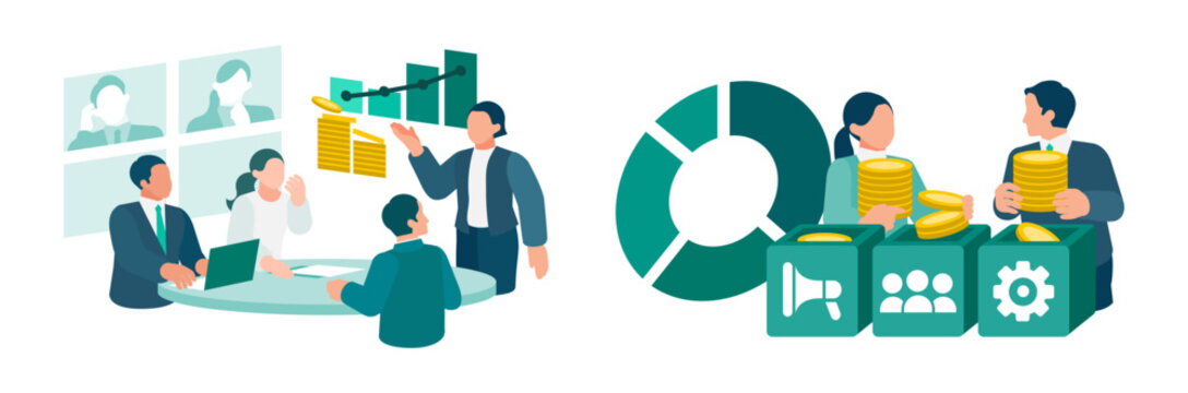 An interactive corporate budget dashboard presenting quarterly financial forecasts and department pie charts on screen allows hybrid meeting teams to optimize asset allocation