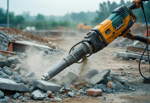 Construction and demolition work, worker using a heavy electric jackhammer to break concrete and rubble on a building site for urban infrastructure development