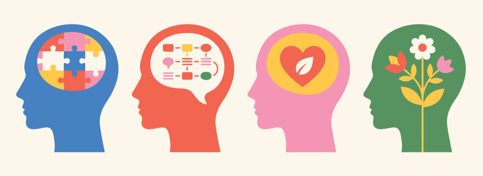Colorful human head silhouettes with internal icons representing psychological well being for a world mental health day background vector illustration design