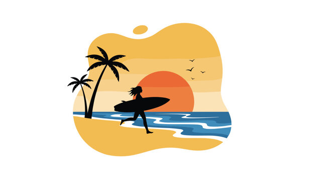 Silhouette of a female surfer running on a sandy beach with a surfboard in hand against a beautiful sunset over sea.