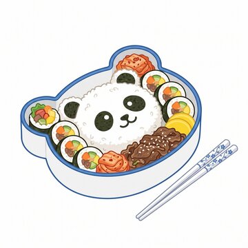 South Korean Panda Shaped Dosirak with Kimbap and Bulgogi Isolated