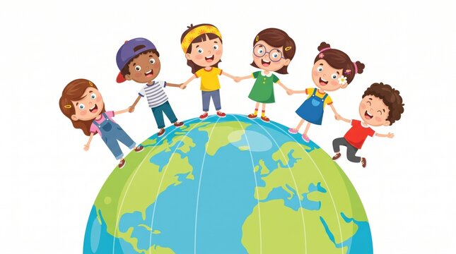 Cartoon children holding hands and standing around a globe illustration
