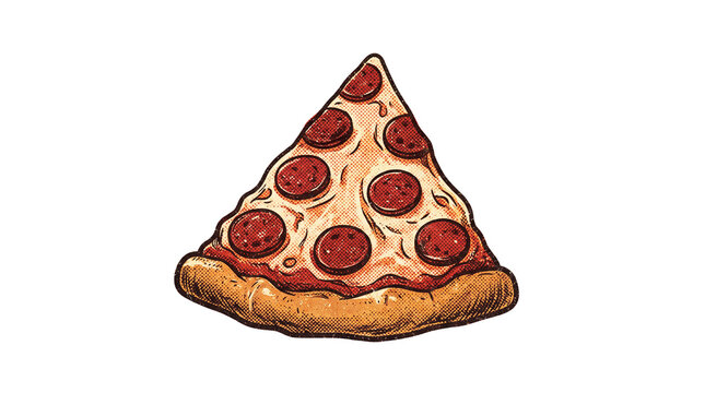 Triangle pepperoni pizza slice retro comic style drawing for food packaging illustration.