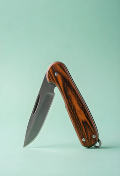 Survival and outdoor adventure, folding pocket knife with wooden handle for camping and bushcraft gear on a minimalist green background