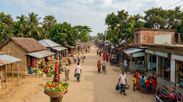Busy village market street in Bangladesh with vendors, colorful produce baskets, and locals walking past thatched shops