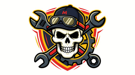 Fototapeta premium Graphic Illustration of a Mechanic Skull Mascot with Wrenches and M Logo Gear Emblem