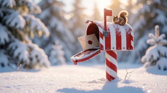 Candy Cane Mailbox with Squirrel and Letter in Snow