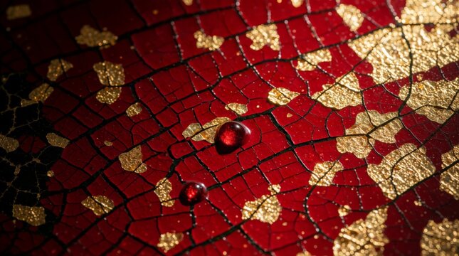 Abstract Macro of Cracked Red Lacquer with Gold Flakes