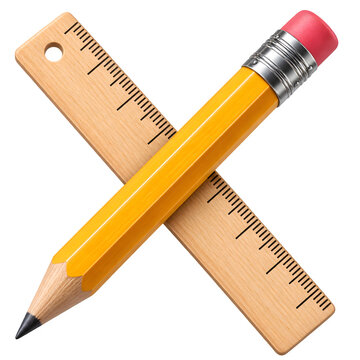 A yellow pencil and wooden ruler cross each other on transparent background