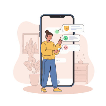 Person interacting with a smartphone displaying chat bubbles and emoticons, illustrating digital communication and messaging.