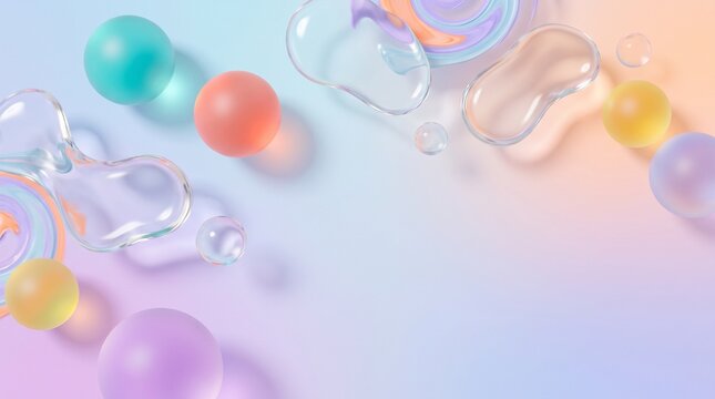 Abstract 3D pastel gradient background with glossy glass blobs and colorful spheres