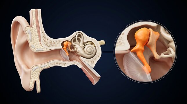 Detailed anatomical illustration of the human ear showing the outer, middle, and inner ear structures, with a magnified view of the ossicles.