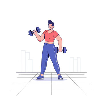 Illustration of a person performing dumbbell curls, representing fitness, strength training, and healthy lifestyle concepts.
