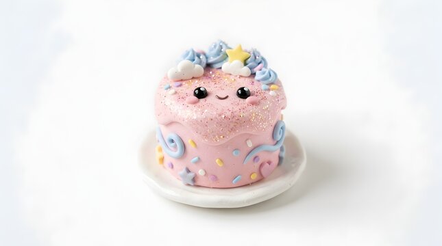 Miniature pink cake with a cute smiling face and pastel frosting decorations on a white plate