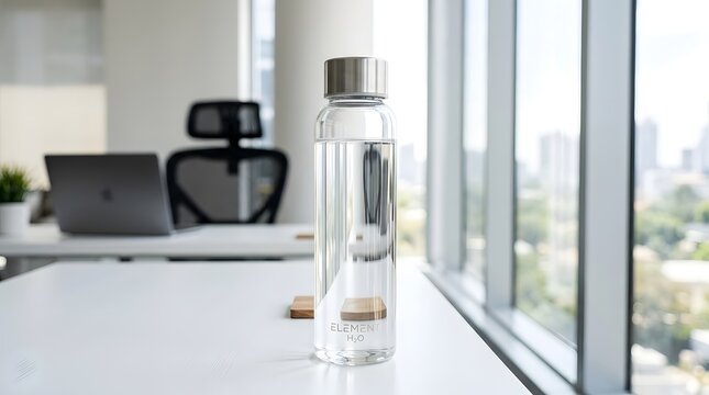 Minimalist clear glass water bottle on a white office desk with a blurred city view background