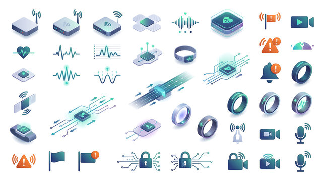 Comprehensive Isometric Smart Technology Icon Collection Featuring IoT, Wearables, Data, and Network Connectivity