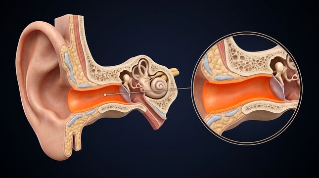 Detailed anatomical cross-section of the human ear showing the ear canal filled with an orange substance, possibly earwax, with a magnified view inset.