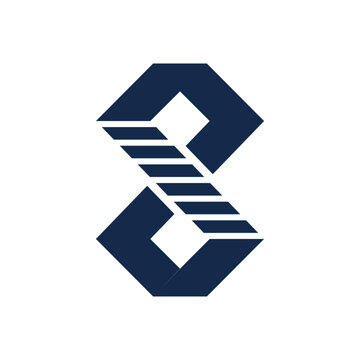 Abstract dark blue geometric logo resembling a stylized number eight or infinity symbol with layered steps.
