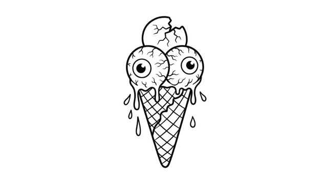 Creepy melting ice cream vector illustration, cracked scoop with eerie eyeballs in bold black white outline style for Halloween food designs