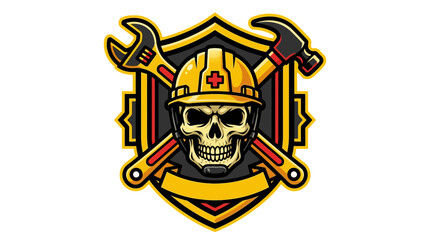 Fototapeta premium Construction Worker Skull Mascot Logo Featuring Tools and Safety Shield Emblem