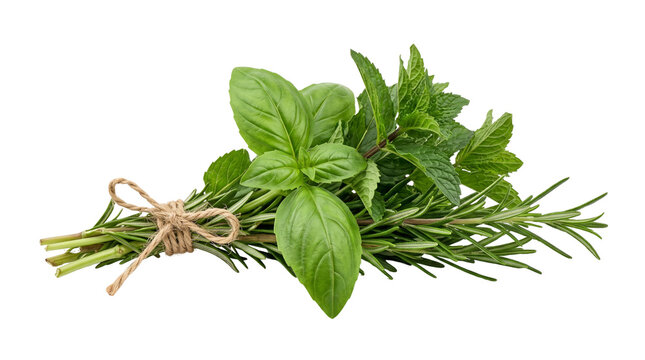 Fresh herb bundle with basil, rosemary and mint. Green culinary herbs tied with twine. Organic aromatic spices for cooking.