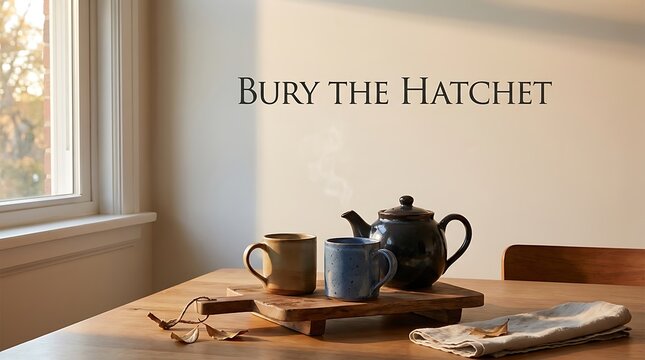 Bury the hatchet during a cozy tea time with steaming mugs on a wooden table to make peace and forgive