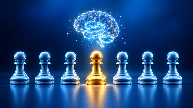 Golden chess pawn among blue pawns under a glowing digital brain. Concept of artificial intelligence leadership and corporate competitive advantage.