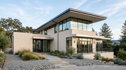 Fototapeta premium Modern Luxury Home with Large Windows and Natural Landscaping