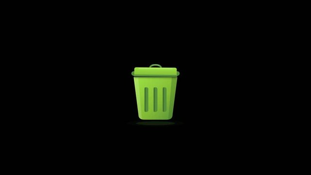 green energy eco waste management recycling trash bin opening lid with smooth bouncing movement centered on solid black background in modern 2D graphic animation style