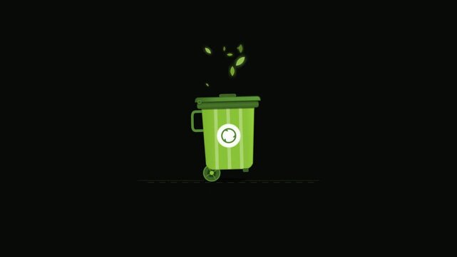Green energy biomass recycle bin opening lid with floating organic leaves in seamless flat 2D motion graphic animation loop isolated on dark background