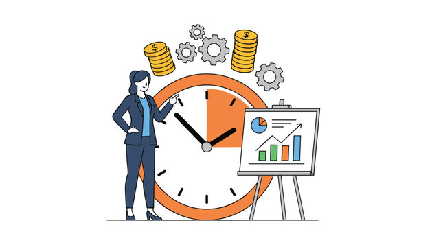 Professional corporate businesswoman presenting time management and financial planning strategy near a giant clock.