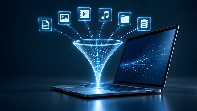 Data processing laptop computer digital funnel multimedia file icons information management storage collection technology