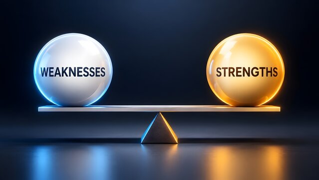 Glowing spheres with weaknesses and strengths text on a balanced scale. Concept of corporate business evaluation and strategic management.