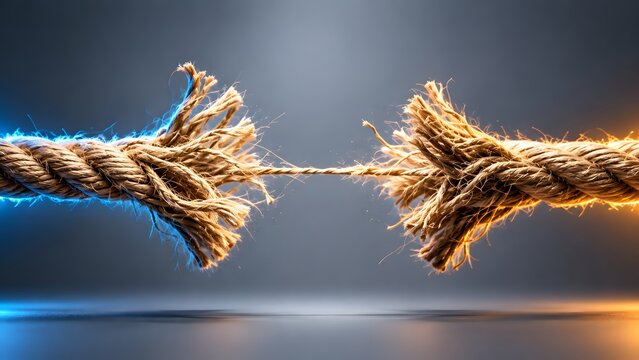 Frayed thick rope about to break under tension with blue and orange lighting. Concept of business risk, corporate stress and financial crisis.