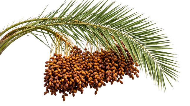 Fresh date palm fruit cluster on green branch. Ripe brown dates hanging from palm tree frond. Organic tropical harvest on white background.