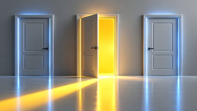 Three white doors with the middle one open revealing bright golden light. Concept of business opportunity, career choice and corporate strategy.