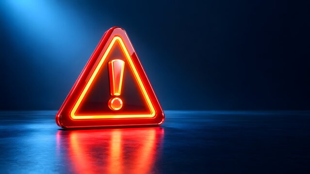 Glowing red exclamation mark inside a triangle sign on a dark reflective floor. Concept of cyber security alert and digital business risk management.