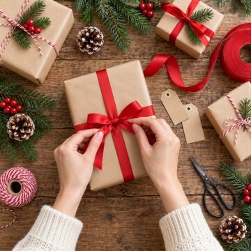Actividades de preparaci&oacute;n de regalos en Navidad con envoltorios y decoraciones en una mesa de madera
