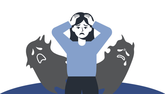 Stressed young woman clutching her head in panic while surrounded by dark shadow monsters representing anxiety and fear.