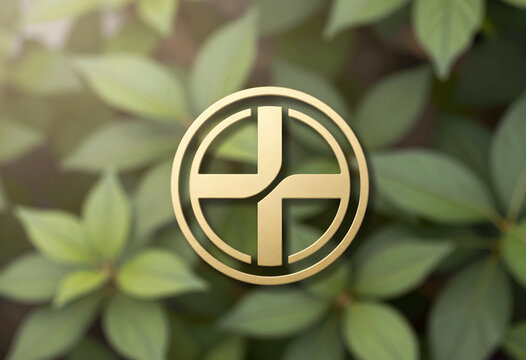 Sustainability and eco friendly branding, golden circular cross logo icon on natural green leaves background for environmental corporate identity design
